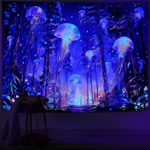 New UV Reactive Blacklight Forest Jellyfish Starry Sky Nature Tapestry, Wall Art